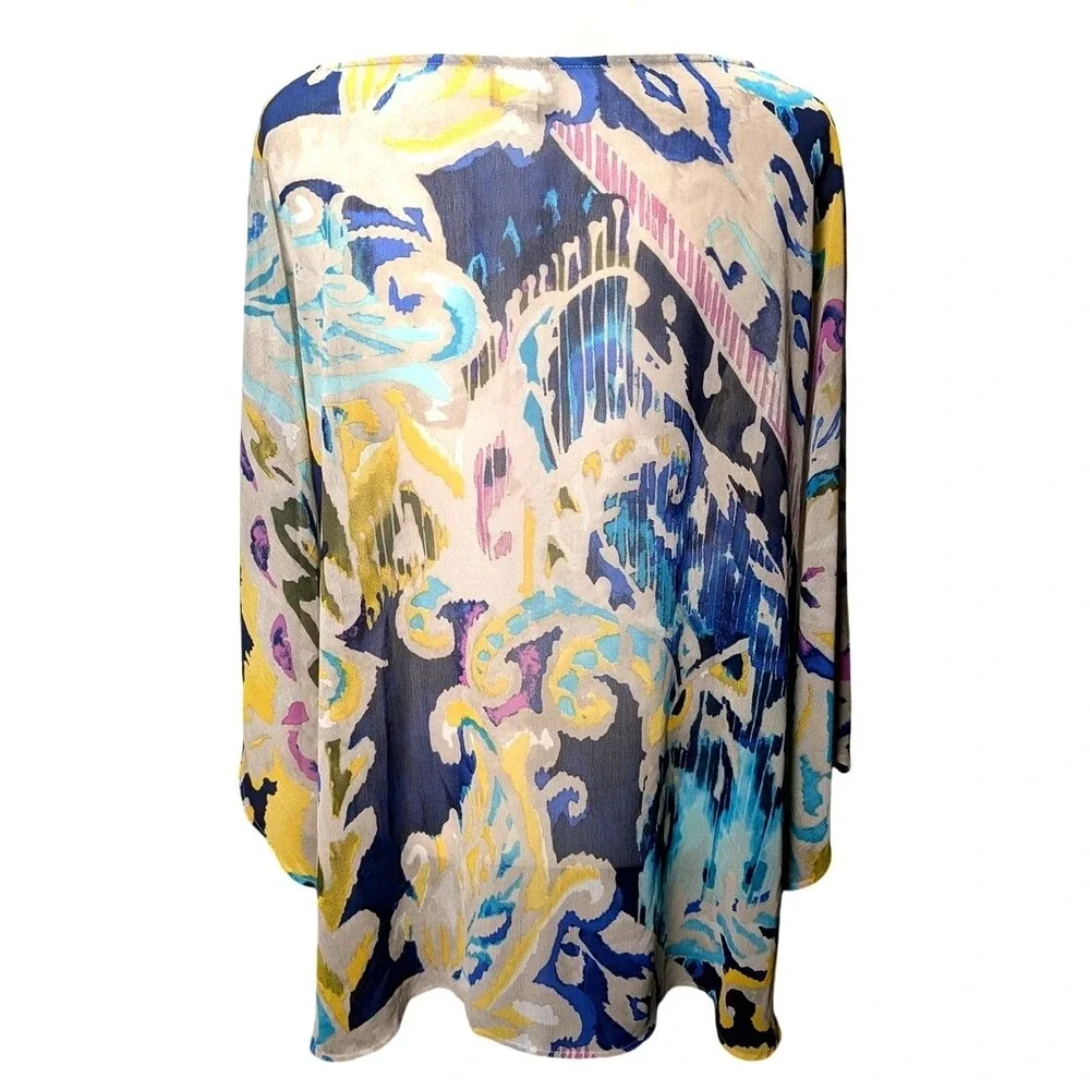 Chico's Women's Batwing Blouse Silk‎ Sheer Top Abstract Print Blue Yellow L/XL - Picture 2 of 6